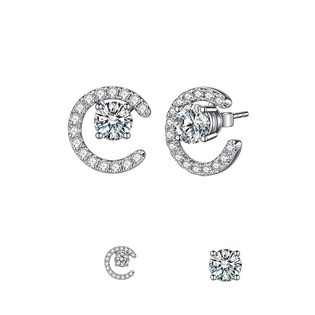 DANFÉE Lune two-way earrings in PT950 platinum: worn as solitaire diamond stud or with crescent pavé jacket, white background