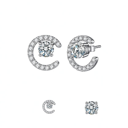 DANFÉE Lune two-way earrings in PT950 platinum: worn as solitaire diamond stud or with crescent pavé jacket, white background