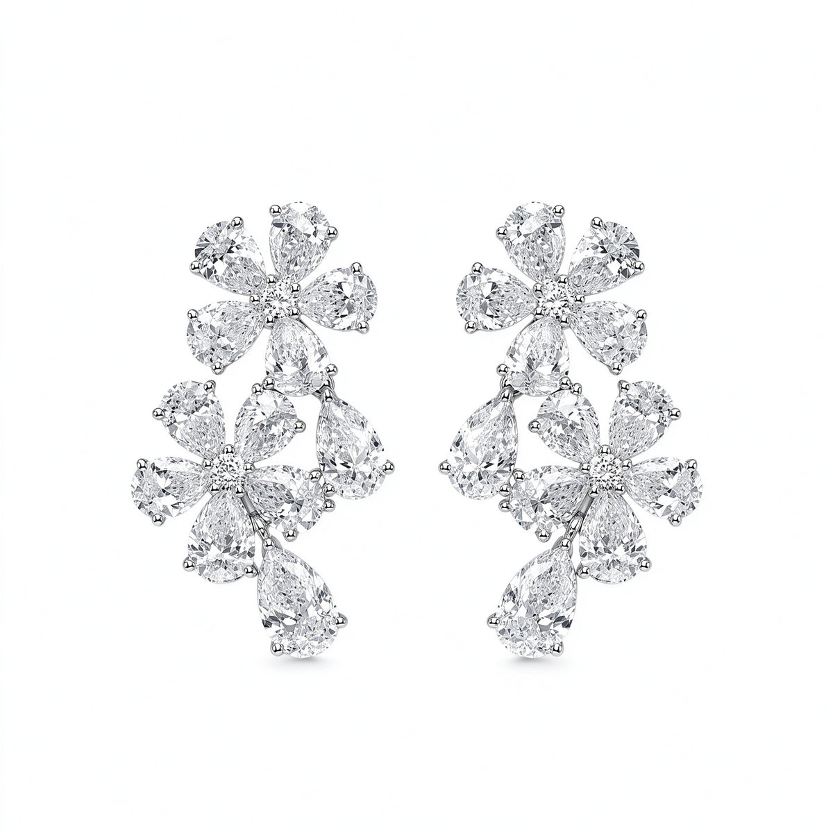 DANFÉE Myosotis pear-cut lab-grown diamond double-flower drop earrings in 14K white gold on white