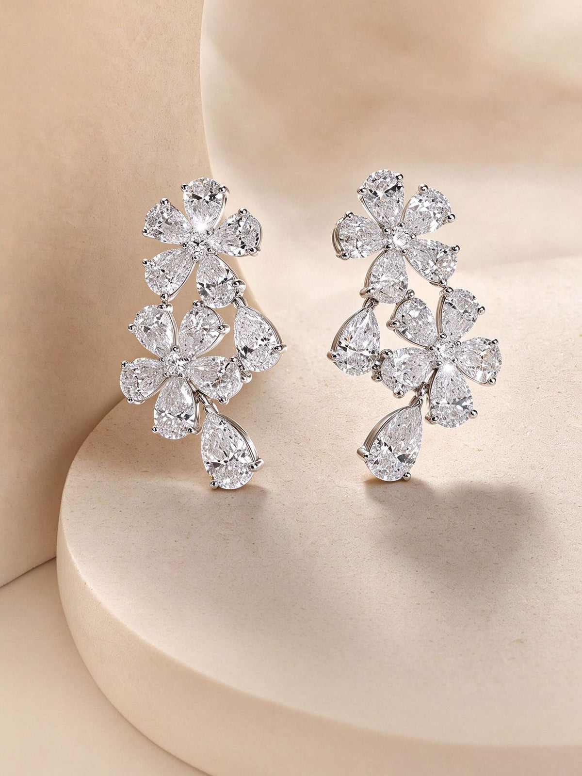 3.5 carat lab-grown diamond double-flower cluster drop earrings with pear-cut petals