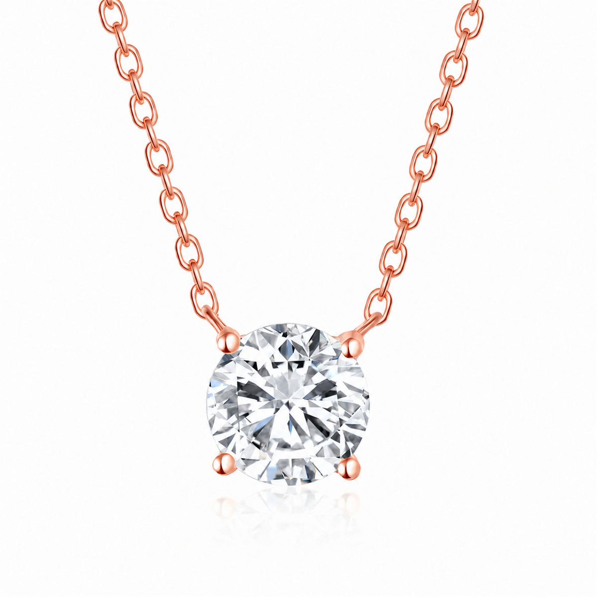 18K rose gold four-prong lab-grown diamond necklace on white background