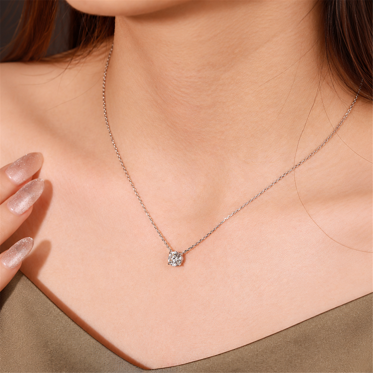 18K white gold lab-grown diamond necklace worn with a taupe top