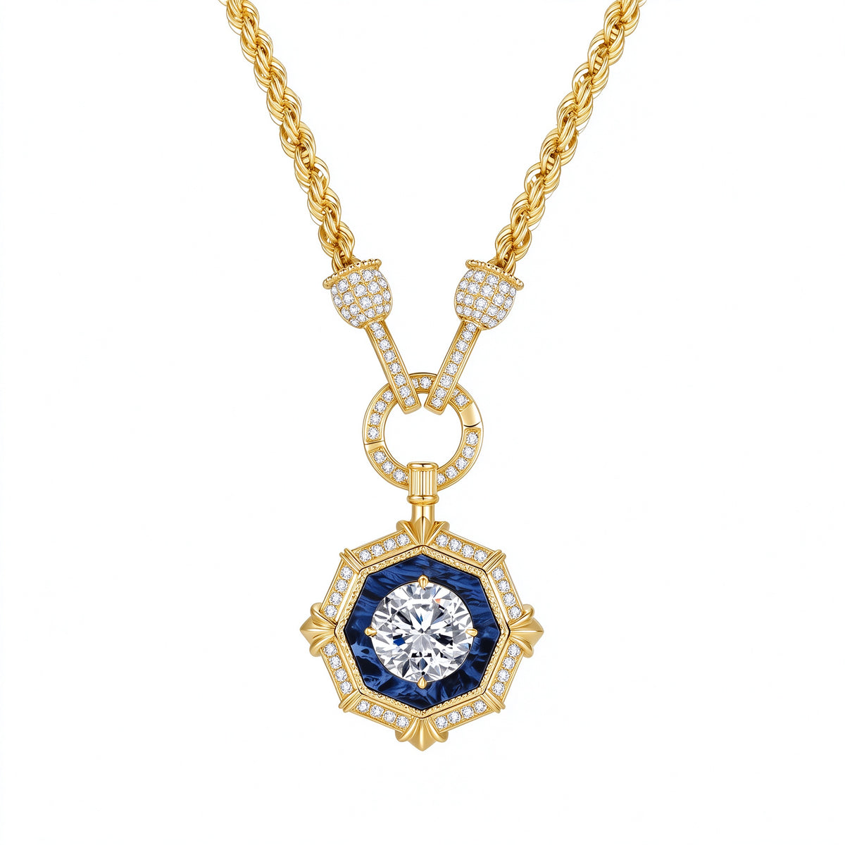 DANFÉE vintage octagon halo lab-grown diamond pendant necklace in 18K yellow gold with rope chain, front view
