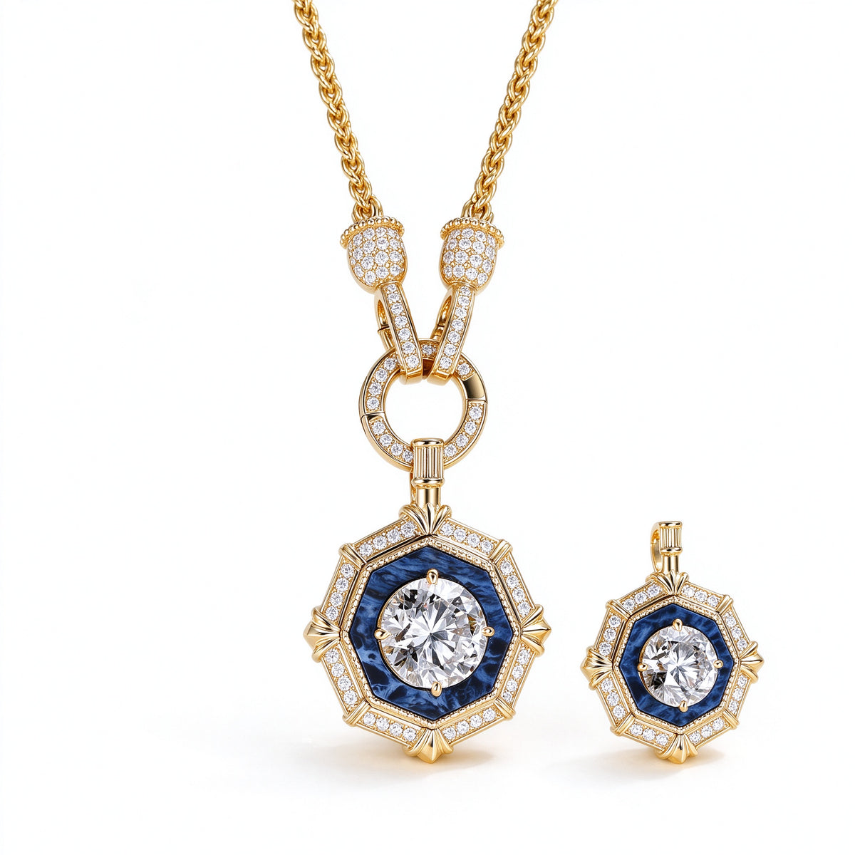 DANFÉE octagon halo diamond necklace in 18K yellow gold beside the smaller pendant size, on white