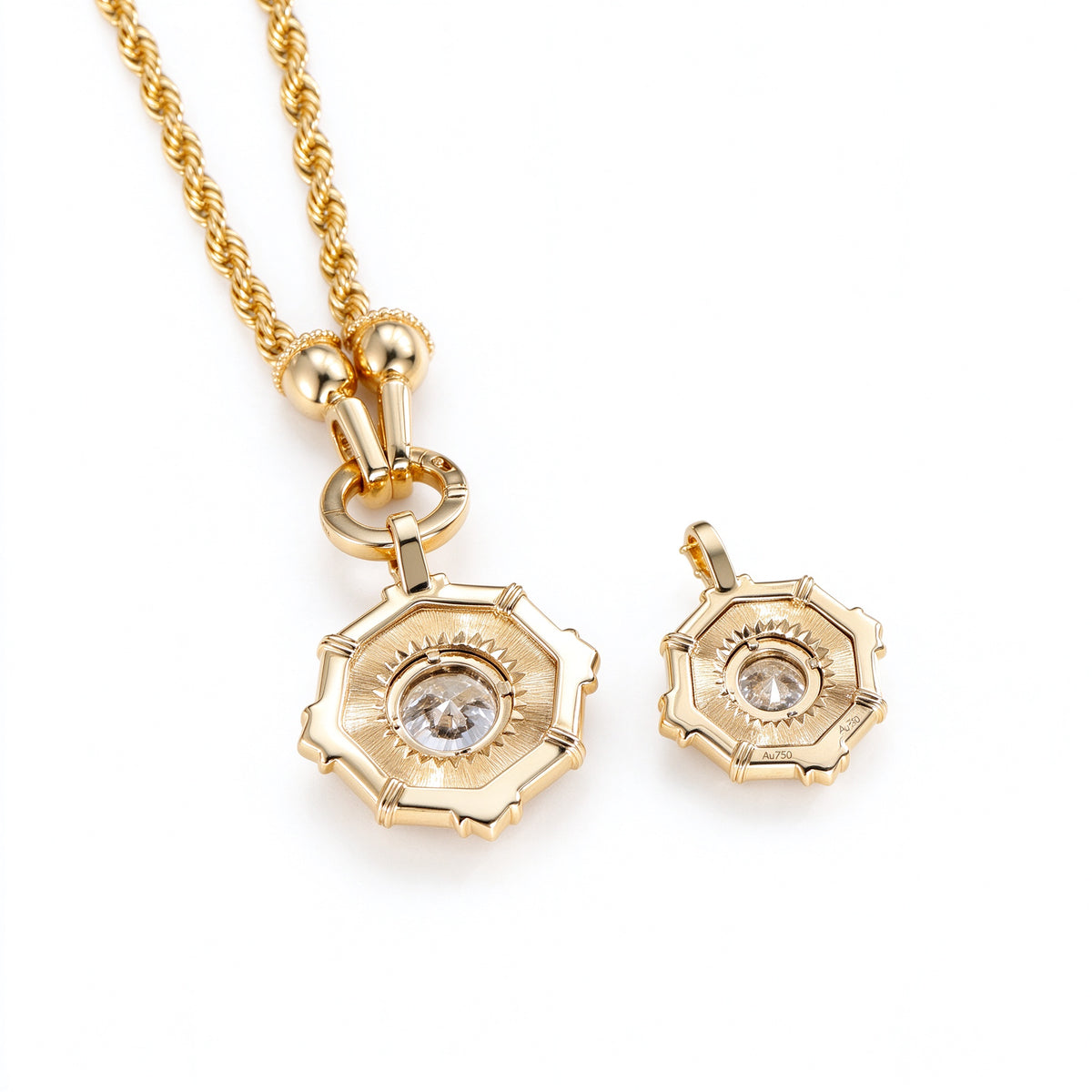 Back view of the DANFÉE octagon halo pendants showing sunburst finish and Au750 stamp