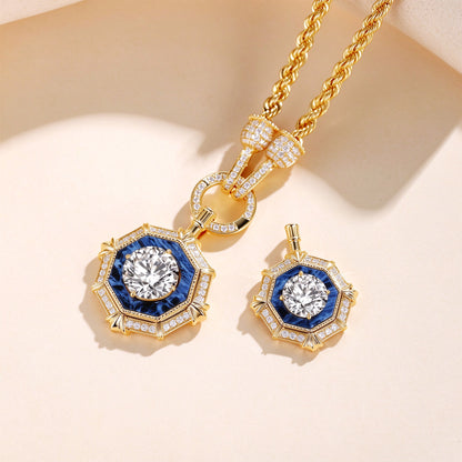 DANFÉE octagon halo lab-grown diamond pendants with blue inlay and pavé enhancer clasp on cream