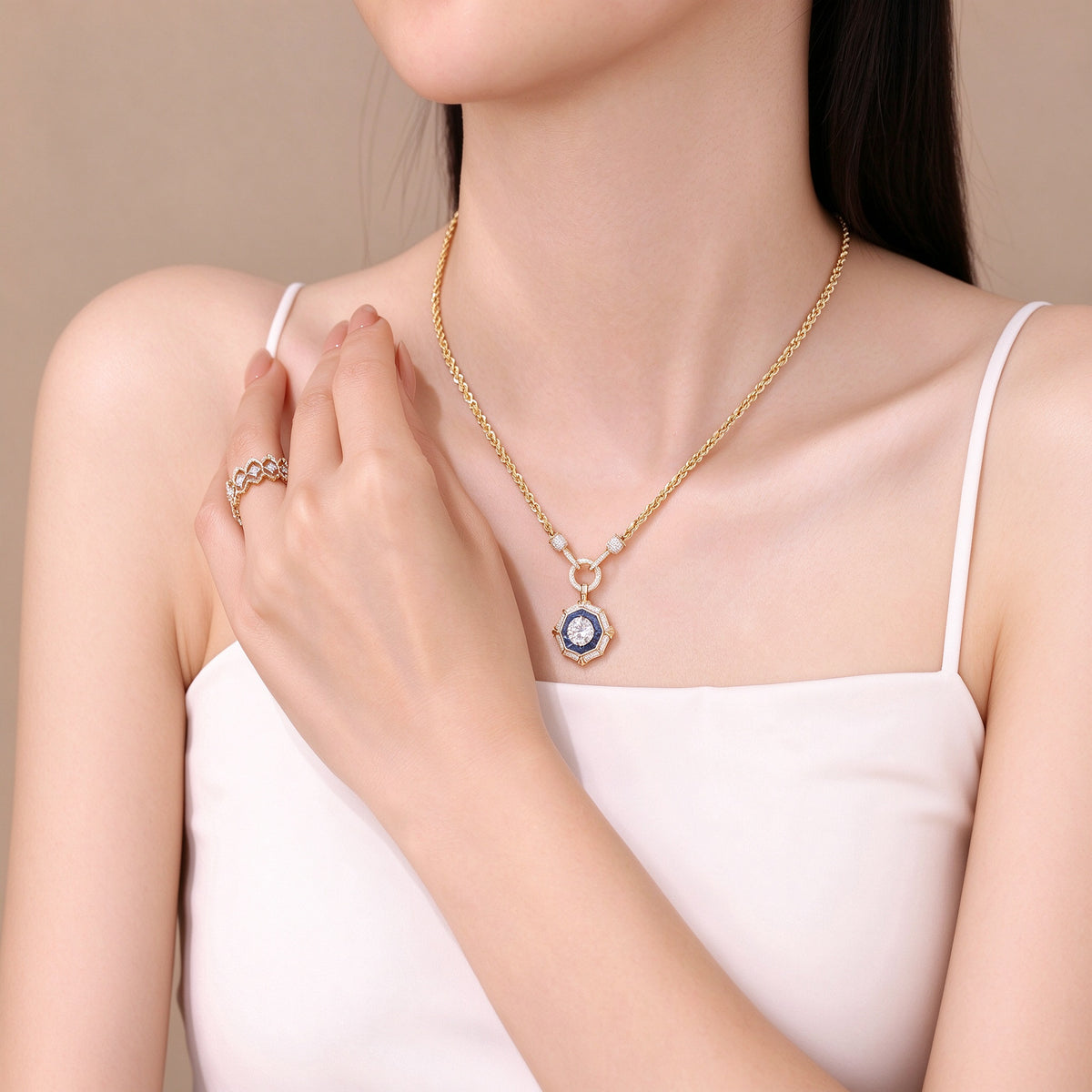 DANFÉE octagon halo diamond necklace worn with a white camisole