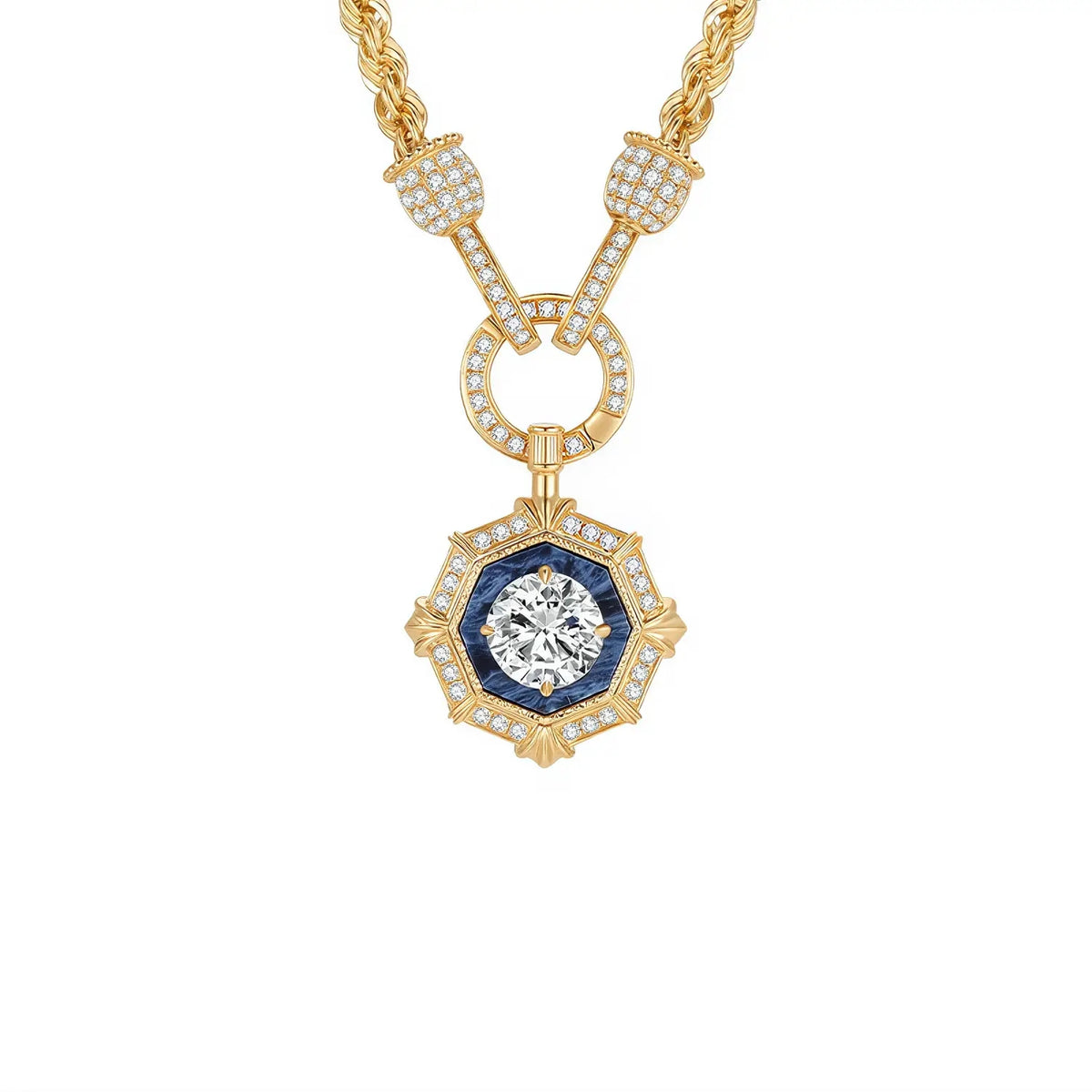 DANFÉE octagon halo lab-grown diamond necklace, 1 carat, 18K gold rope chain with pavé enhancer clasp