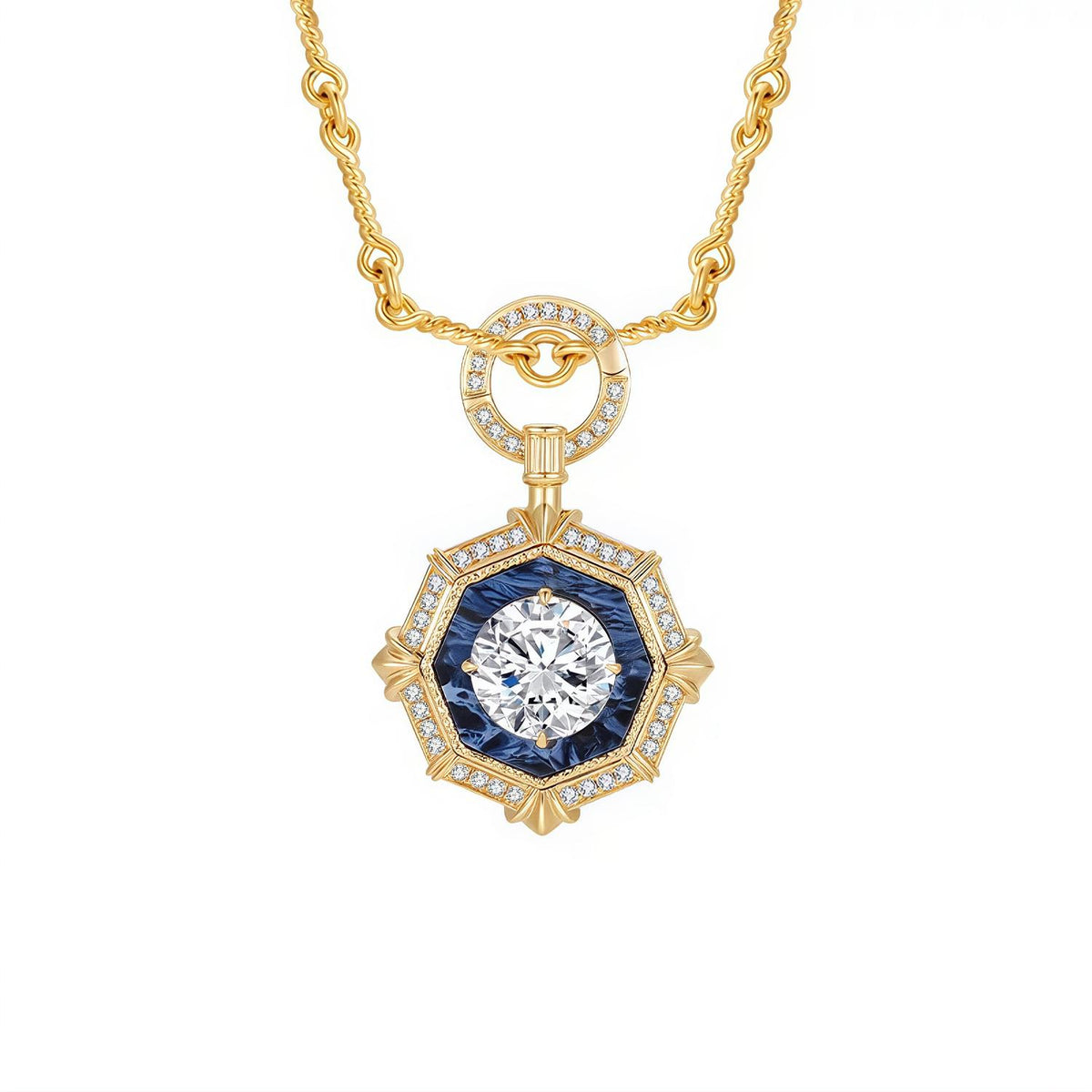 DANFÉE octagon halo lab-grown diamond necklace, 2 carat, 18K gold bamboo chain
