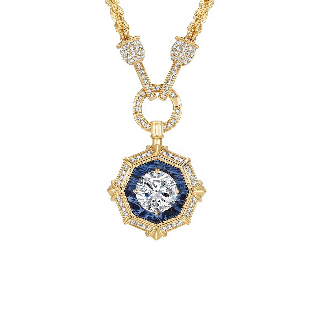 DANFÉE octagon halo lab-grown diamond necklace, 2 carat, 18K gold rope chain with pavé enhancer clasp