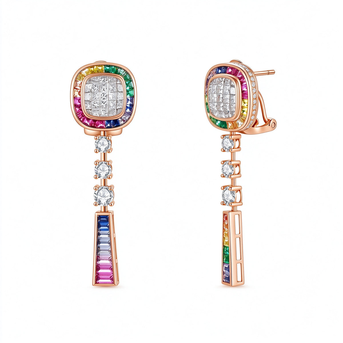 DANFÉE Palette rainbow gemstone and lab-grown diamond drop earrings in 18K rose gold, front and side view on white