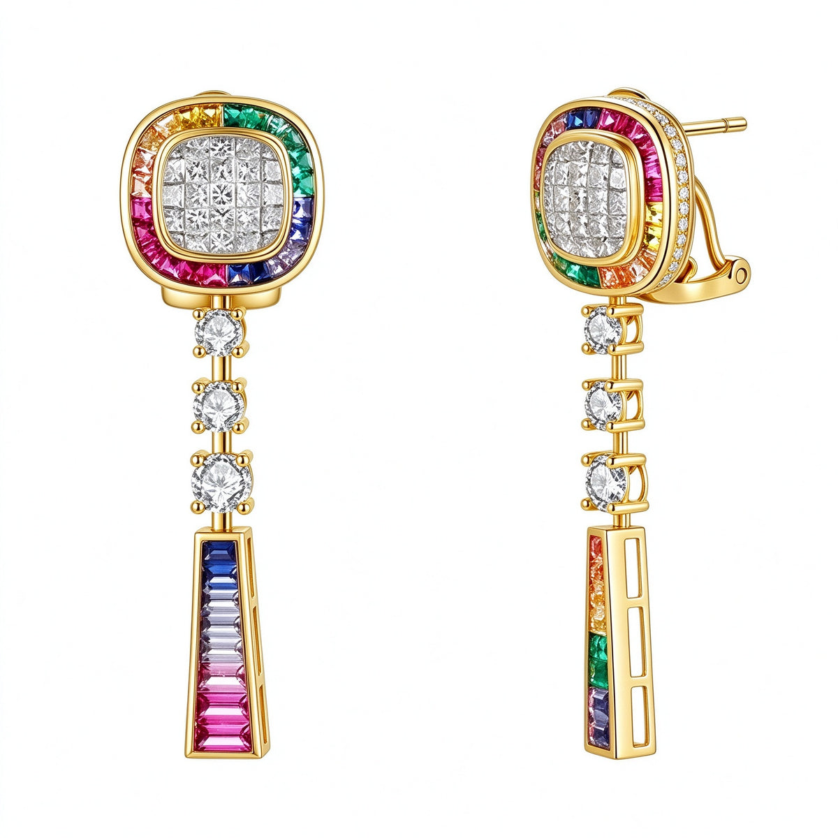Palette rainbow gemstone diamond drop earrings in 18K yellow gold on white