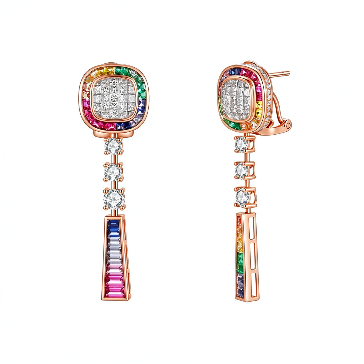 Palette rainbow gemstone diamond drop earrings in 18K rose gold on white