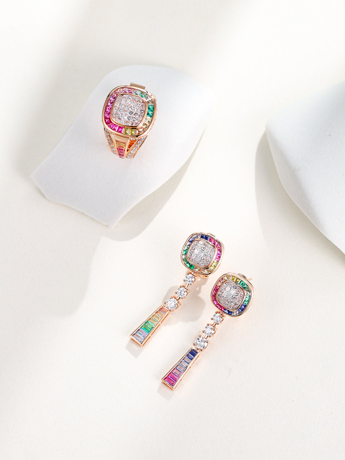 Rainbow halo lab-grown diamond drop earrings and matching ring in 18K rose gold