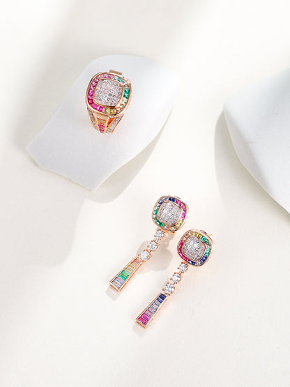 Rainbow halo lab-grown diamond drop earrings and matching ring in 18K rose gold