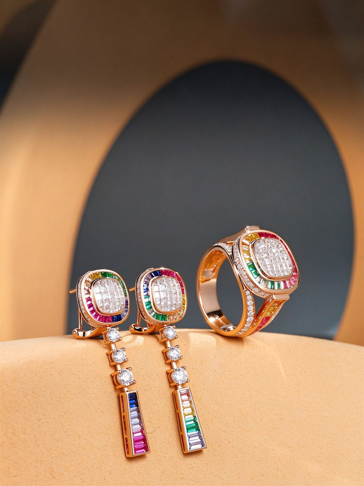 Invisible-set lab-grown diamond drop earrings with rainbow gemstone halo on a warm backdrop