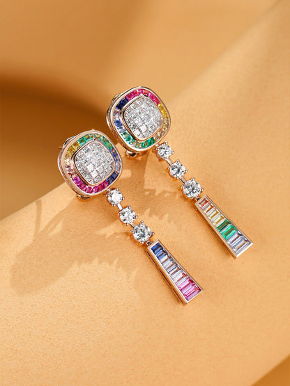Asymmetric gradient baguette bars on the rainbow gemstone diamond drop earrings
