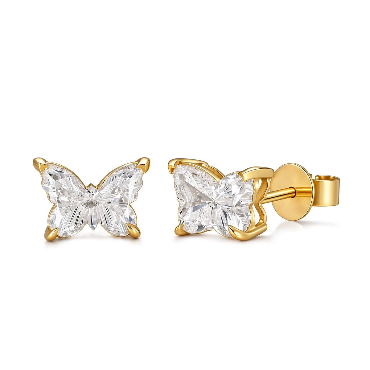 DANFÉE Papillon butterfly-cut lab-grown diamond stud earrings in 18K yellow gold, front and side view on white