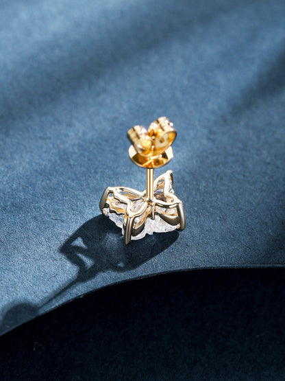 Butterfly diamond stud earring back view, 18K gold four-claw setting and butterfly push back