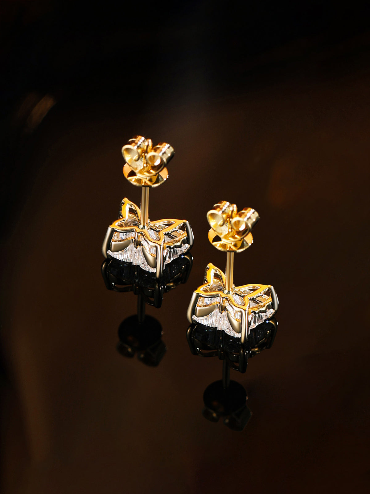 Pair of 18K gold butterfly diamond stud earrings with push backs, 2 carat total