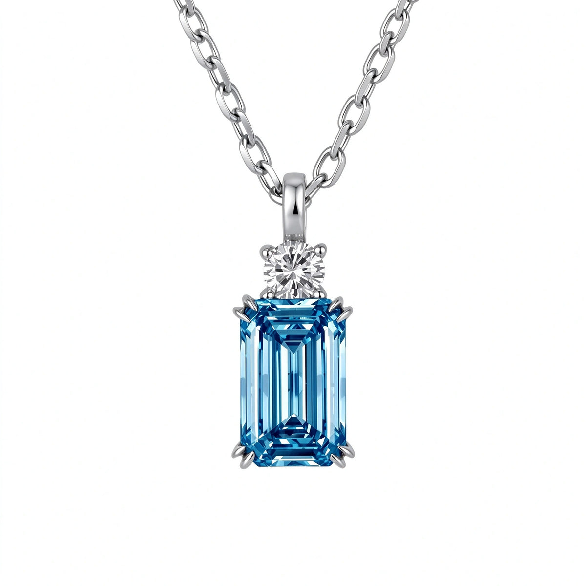 DANFÉE Parfum emerald-cut lab-grown blue diamond necklace in 18K white gold, front view