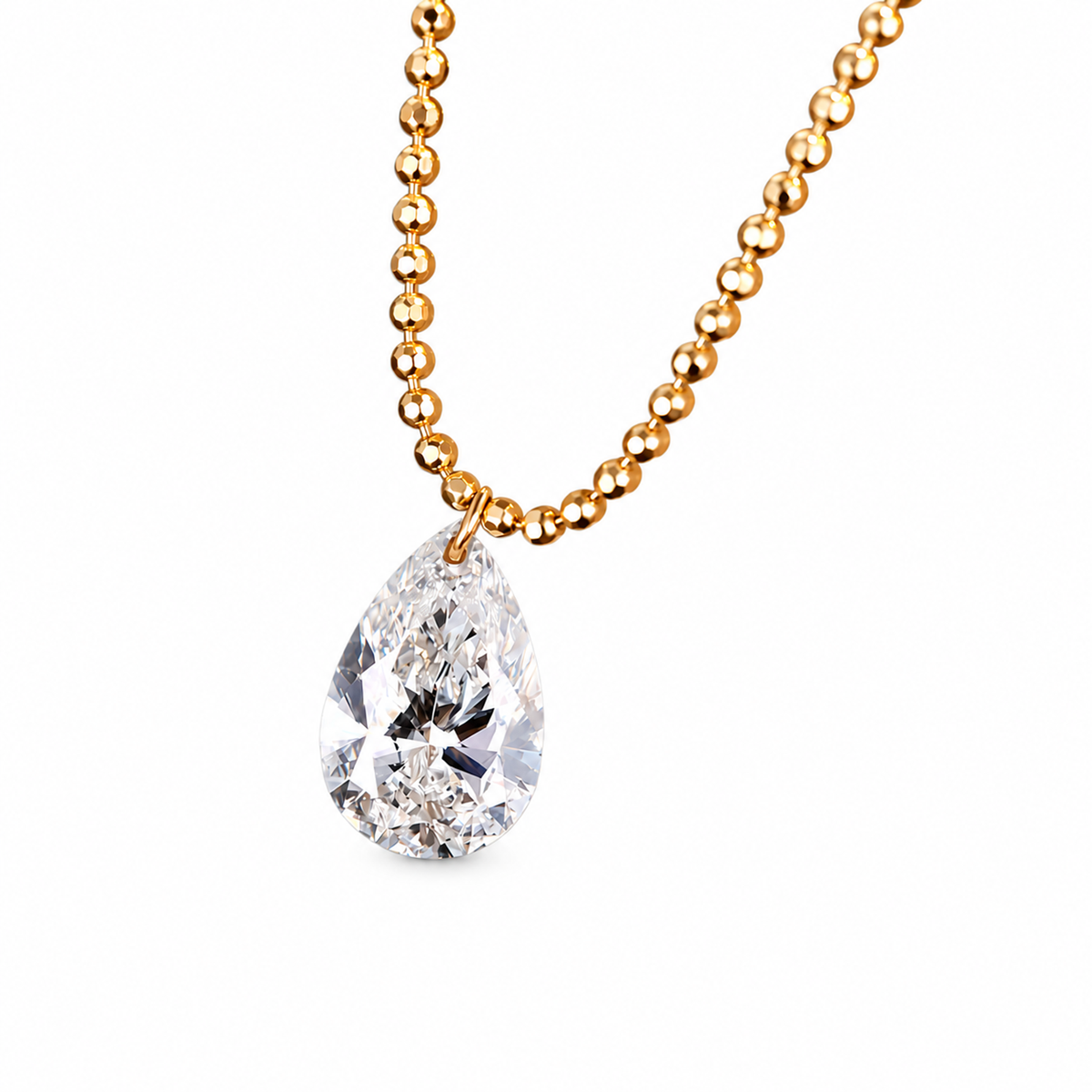 DANFÉE pear lab-grown diamond bead-chain necklace in yellow gold, white background detail view 4