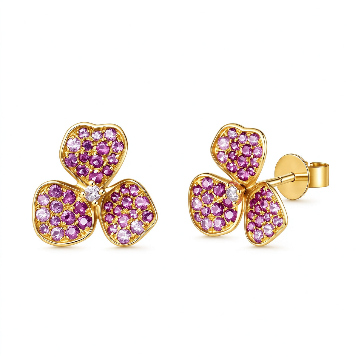 DANFÉE Pétale pink sapphire clover lab-grown diamond stud earrings in 18K yellow gold on white