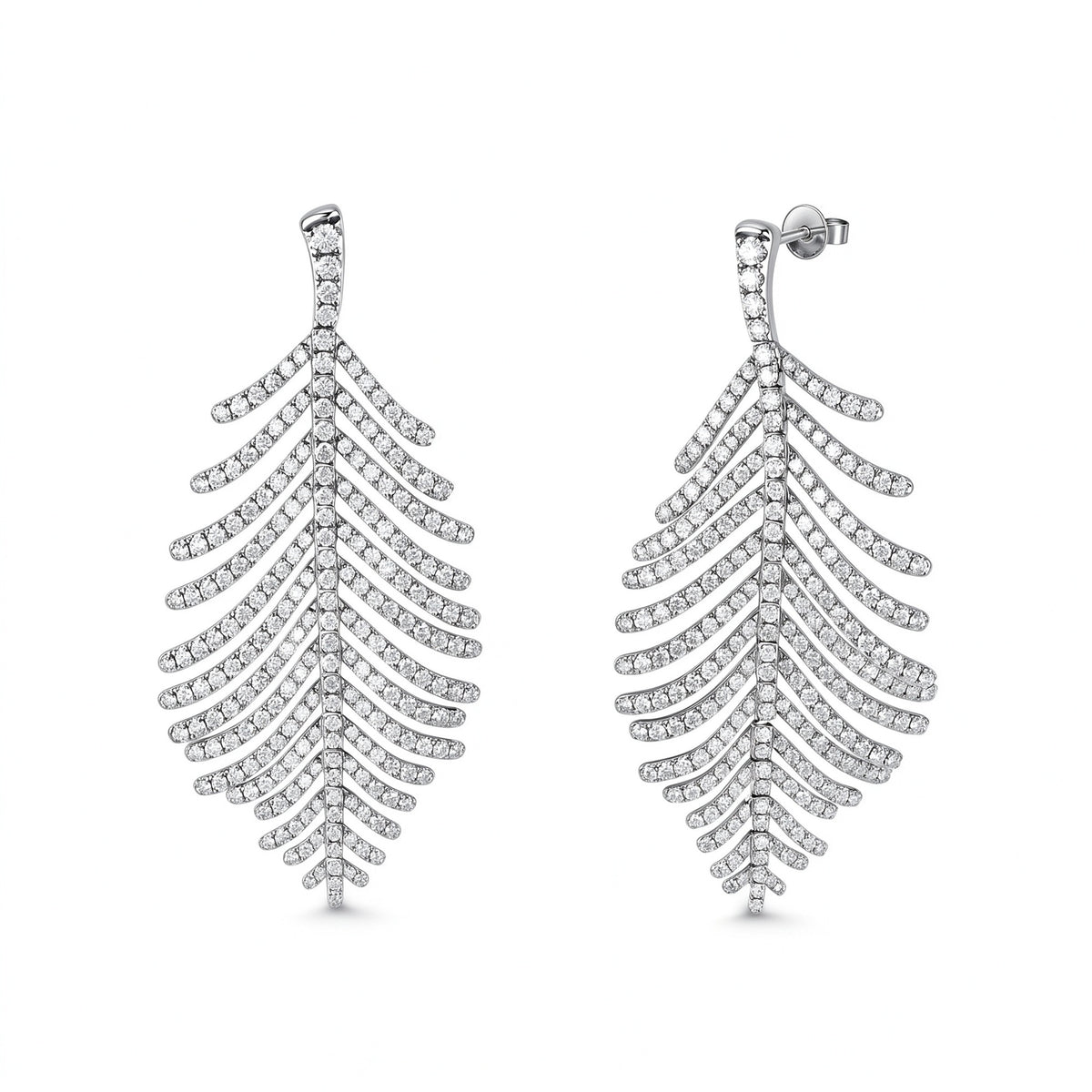 DANFÉE Plume feather pavé lab-grown diamond drop earrings in 18K white gold, large size, on white