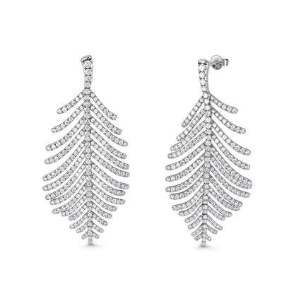 DANFÉE Plume feather pavé lab-grown diamond drop earrings in 18K white gold, large size, on white