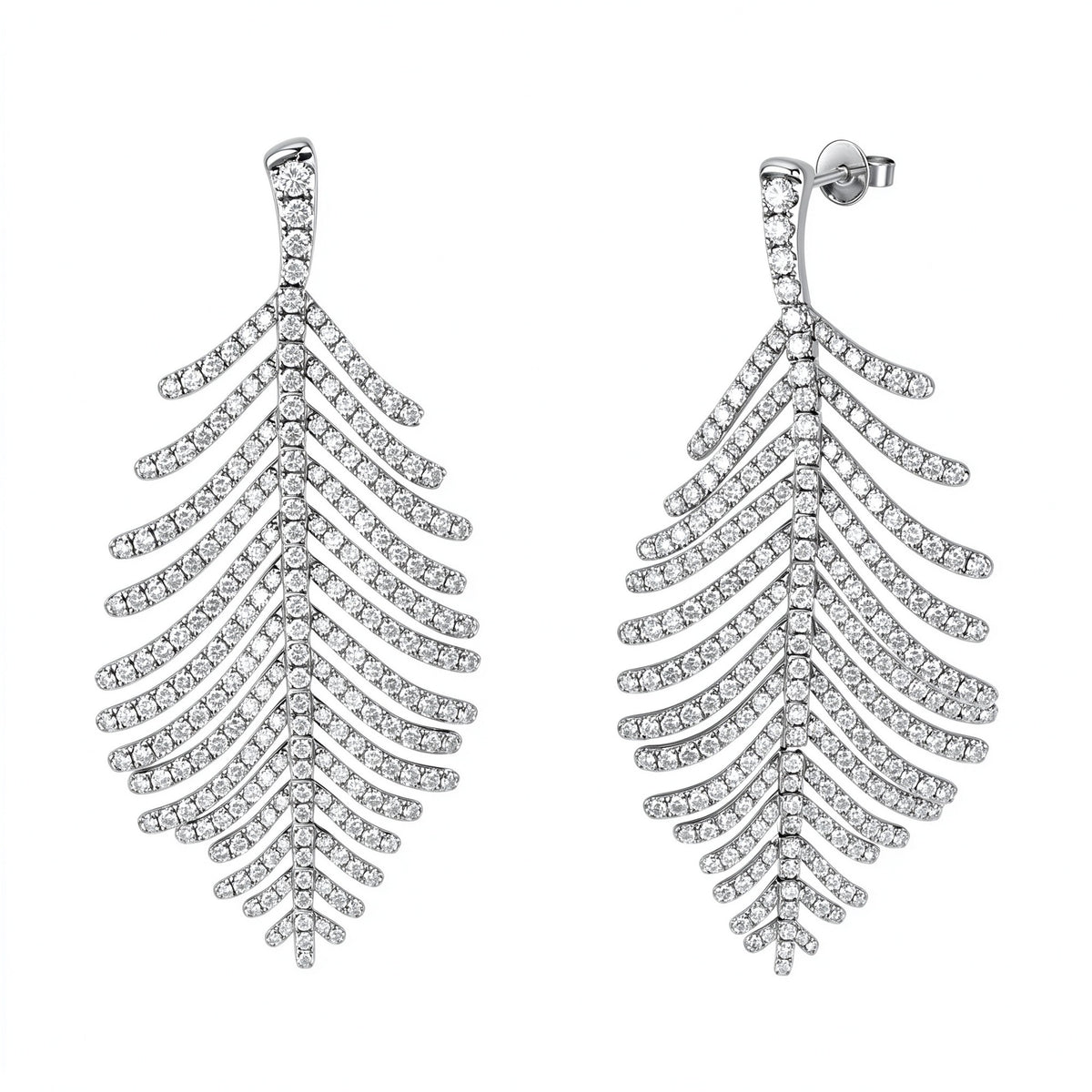 DANFÉE Plume feather lab-grown diamond drop earrings in 18K white gold, Large 6 carat total, on white