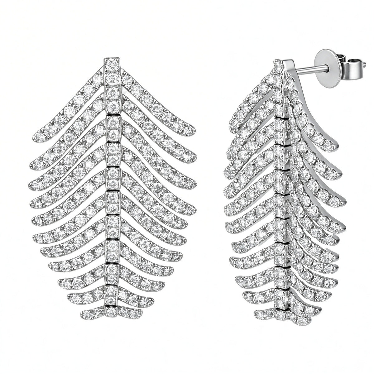 DANFÉE Plume feather lab-grown diamond earrings in 18K white gold, Small 2.5 carat total, front and side view on white