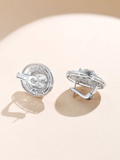 Side and back view of PT950 platinum oval halo earrings with omega clip closure
