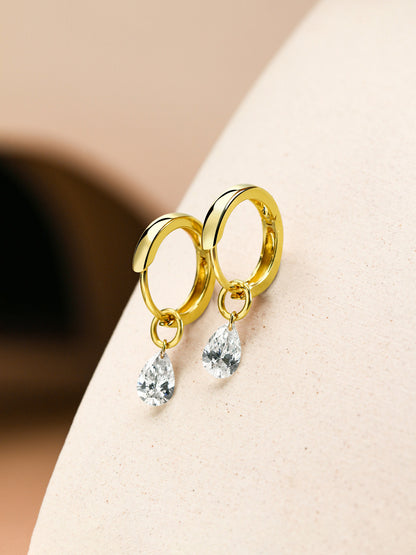 Side view of 18K gold pear-cut lab-grown diamond huggie earrings