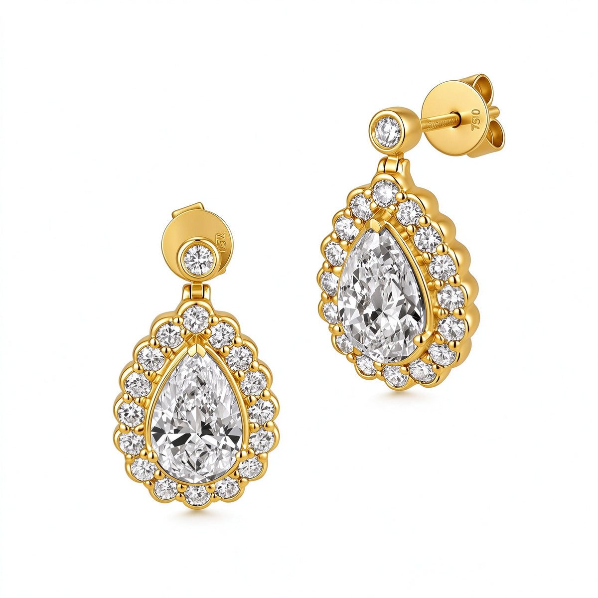 DANFÉE Rosée pear-cut lab-grown diamond halo drop earrings in 18K yellow gold on white