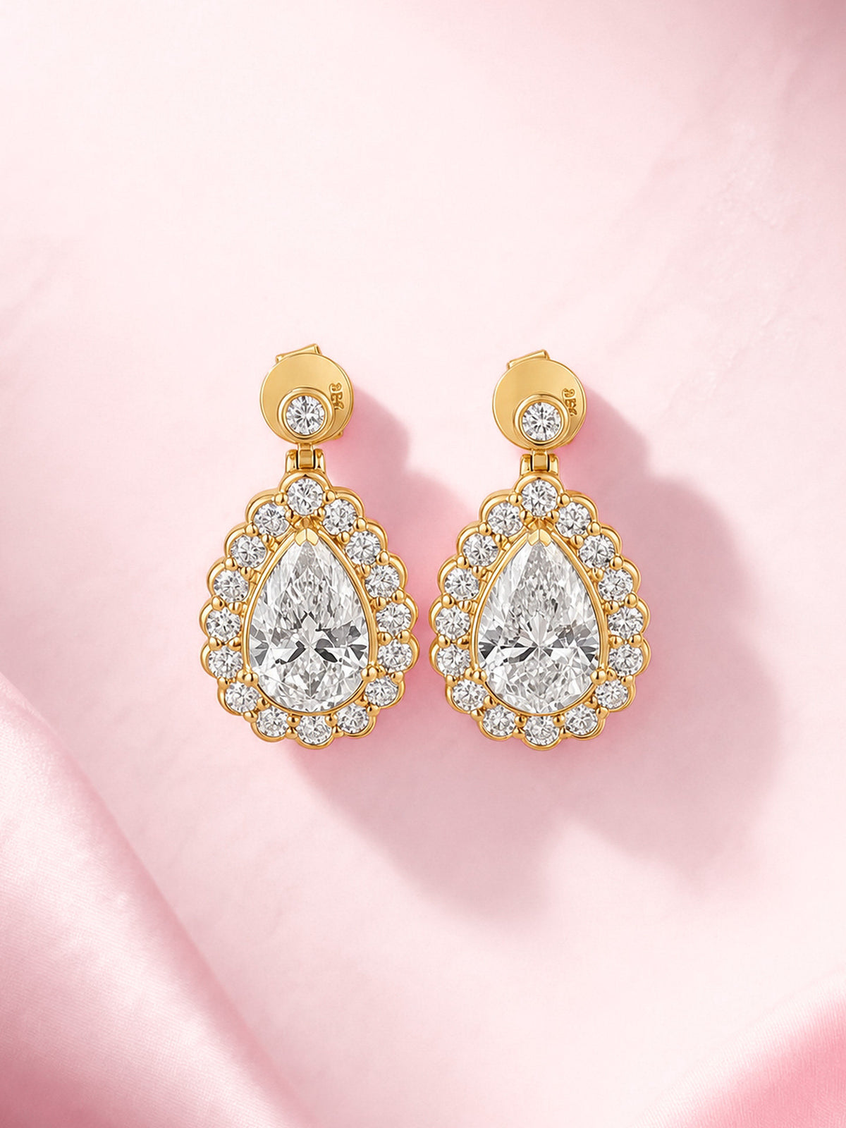 Pear-cut lab-grown diamond halo drop earrings, 2 carat total, 18K yellow gold, front view