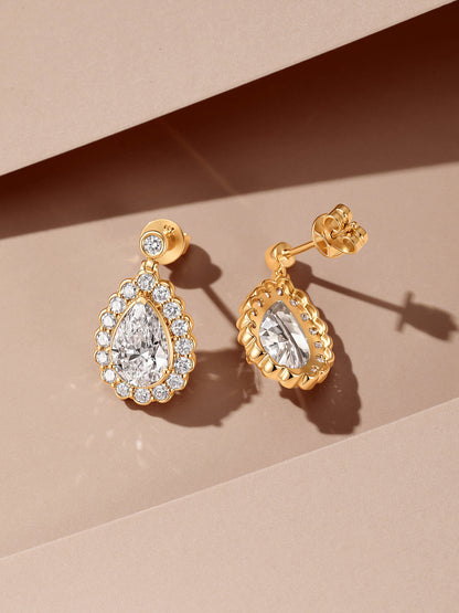 Pear halo drop earrings front and back, showing butterfly push back and open gallery
