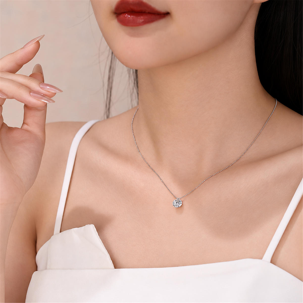 Round solitaire diamond bead chain necklace worn by a model; full-bleed square edited supplier image