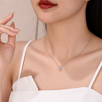 Round solitaire diamond bead chain necklace worn by a model; full-bleed square edited supplier image