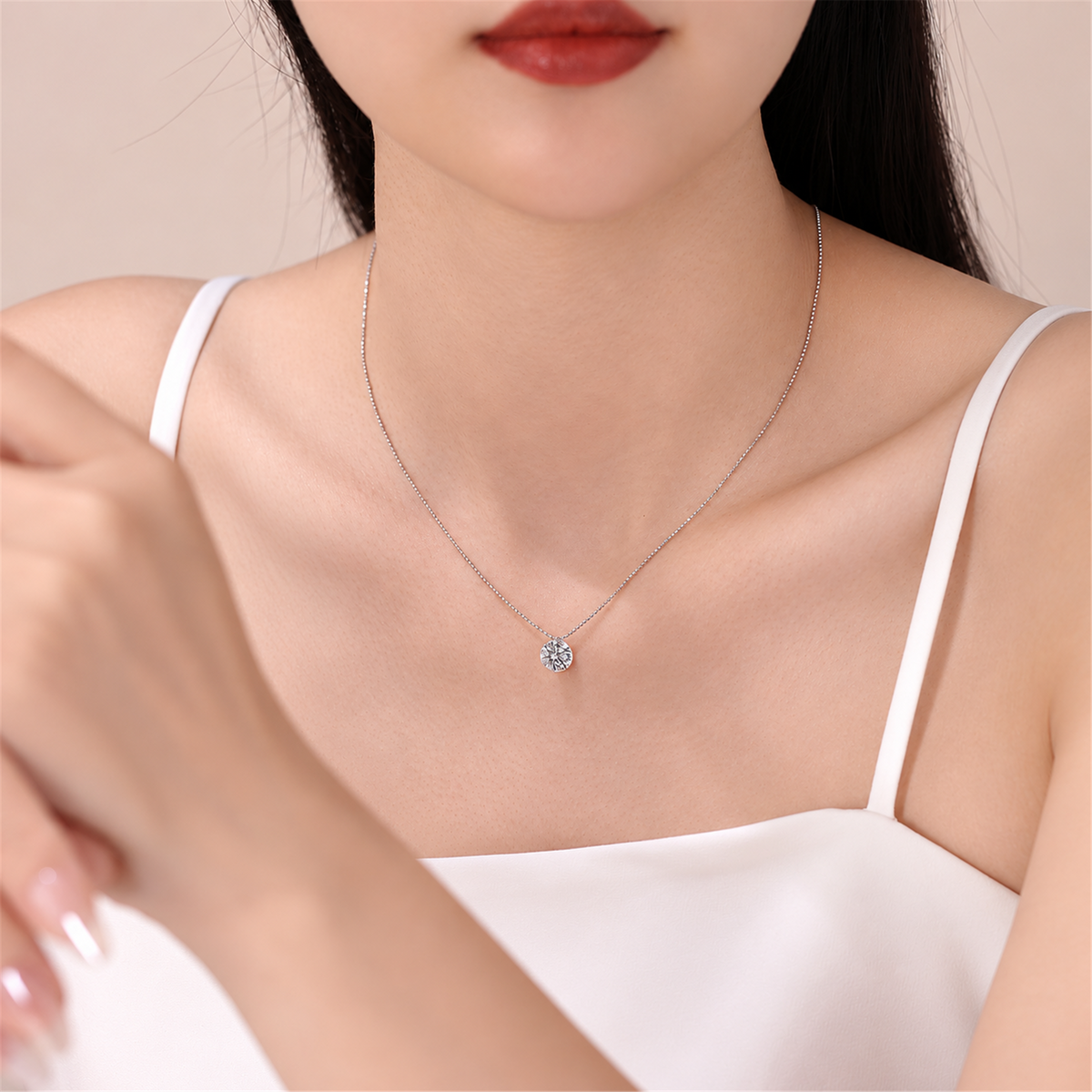 Round solitaire diamond bead chain necklace worn by a model; full-bleed square edited supplier image