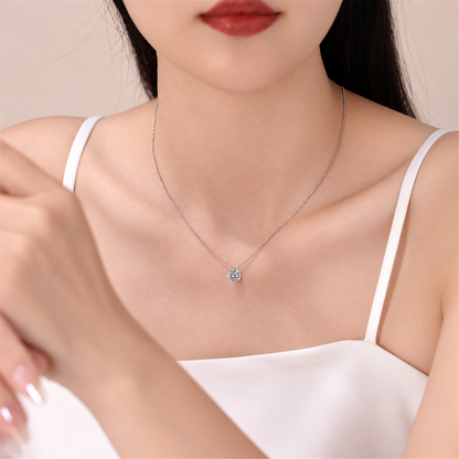 Round solitaire diamond bead chain necklace worn by a model; full-bleed square edited supplier image