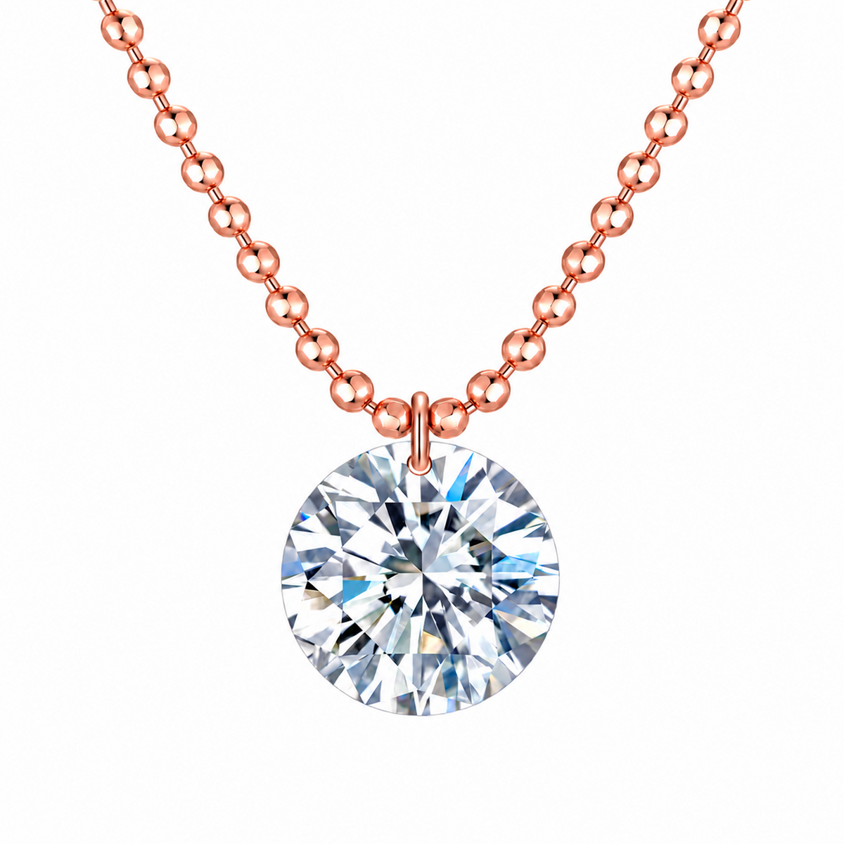 18K rose gold round diamond bead chain necklace on clean white background; digital color illustration