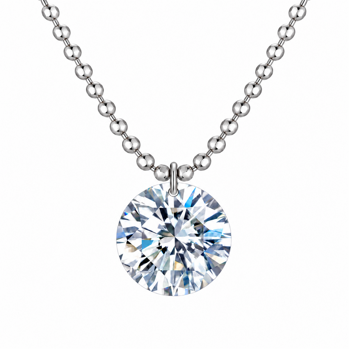 18K white gold round diamond bead chain necklace on clean white background; digital color illustration