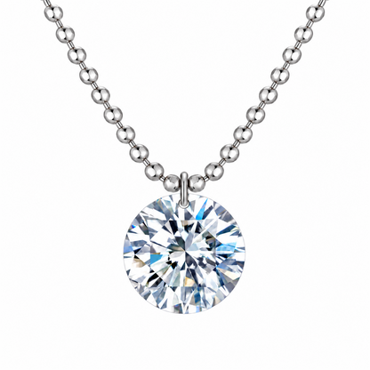 18K white gold round diamond bead chain necklace on clean white background; digital color illustration