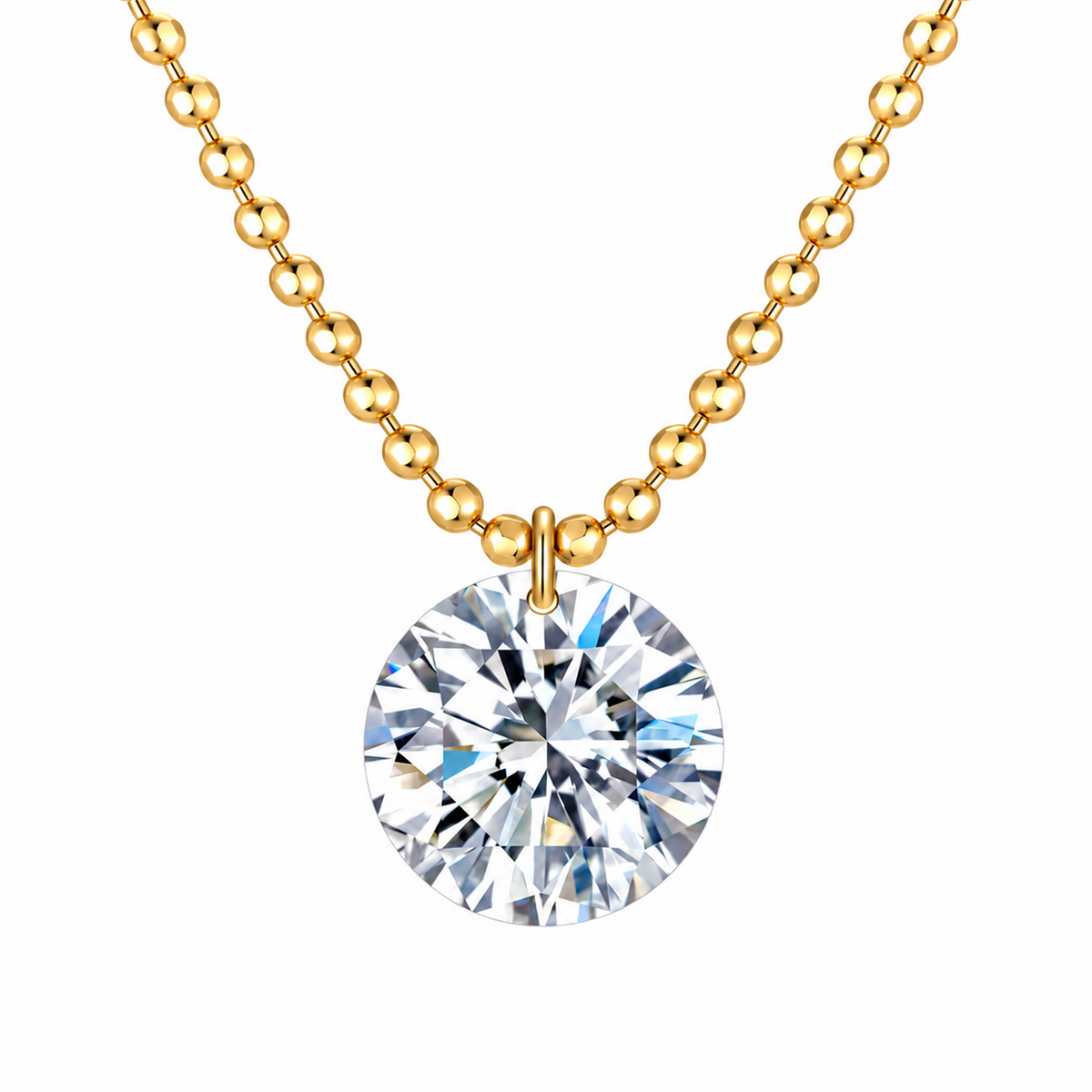 18K yellow gold round diamond bead chain necklace on clean white background; digital color illustration