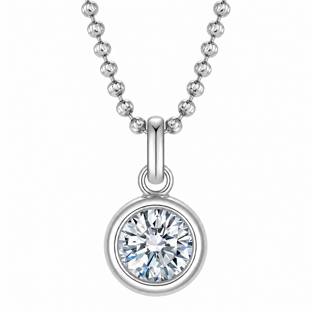 DANFÉE round bezel lab-grown diamond necklace in 18K white gold with ball chain; also used for PT950 platinum