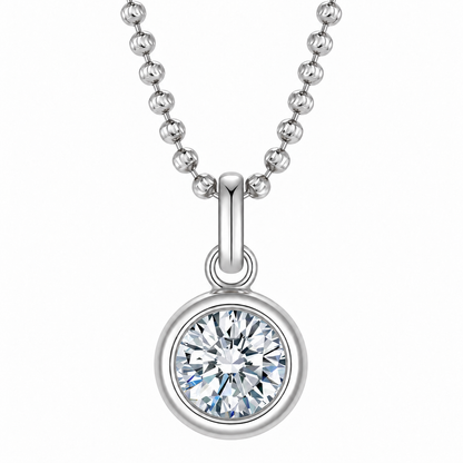 DANFÉE round bezel lab-grown diamond necklace in 18K white gold with ball chain; also used for PT950 platinum