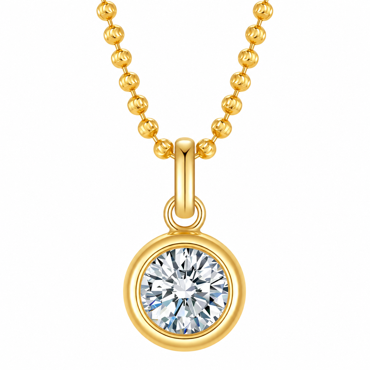 DANFÉE round bezel lab-grown diamond necklace in 18K yellow gold with ball chain, front view