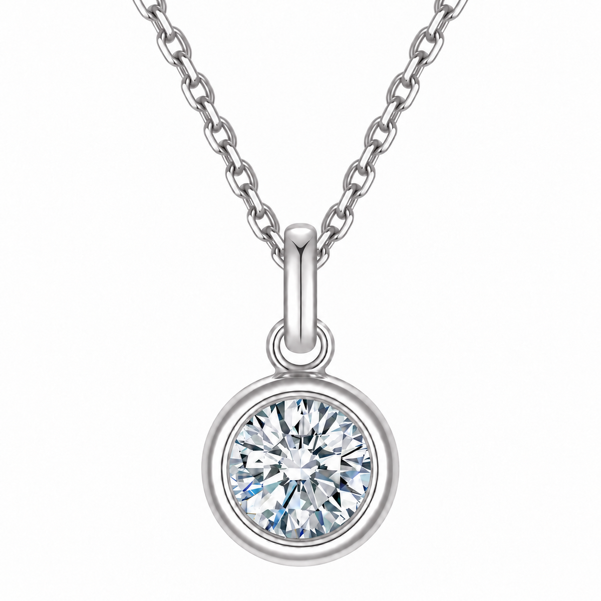 DANFÉE round bezel diamond necklace, Oval Cable Chain, 18K white gold; also used for PT950 platinum