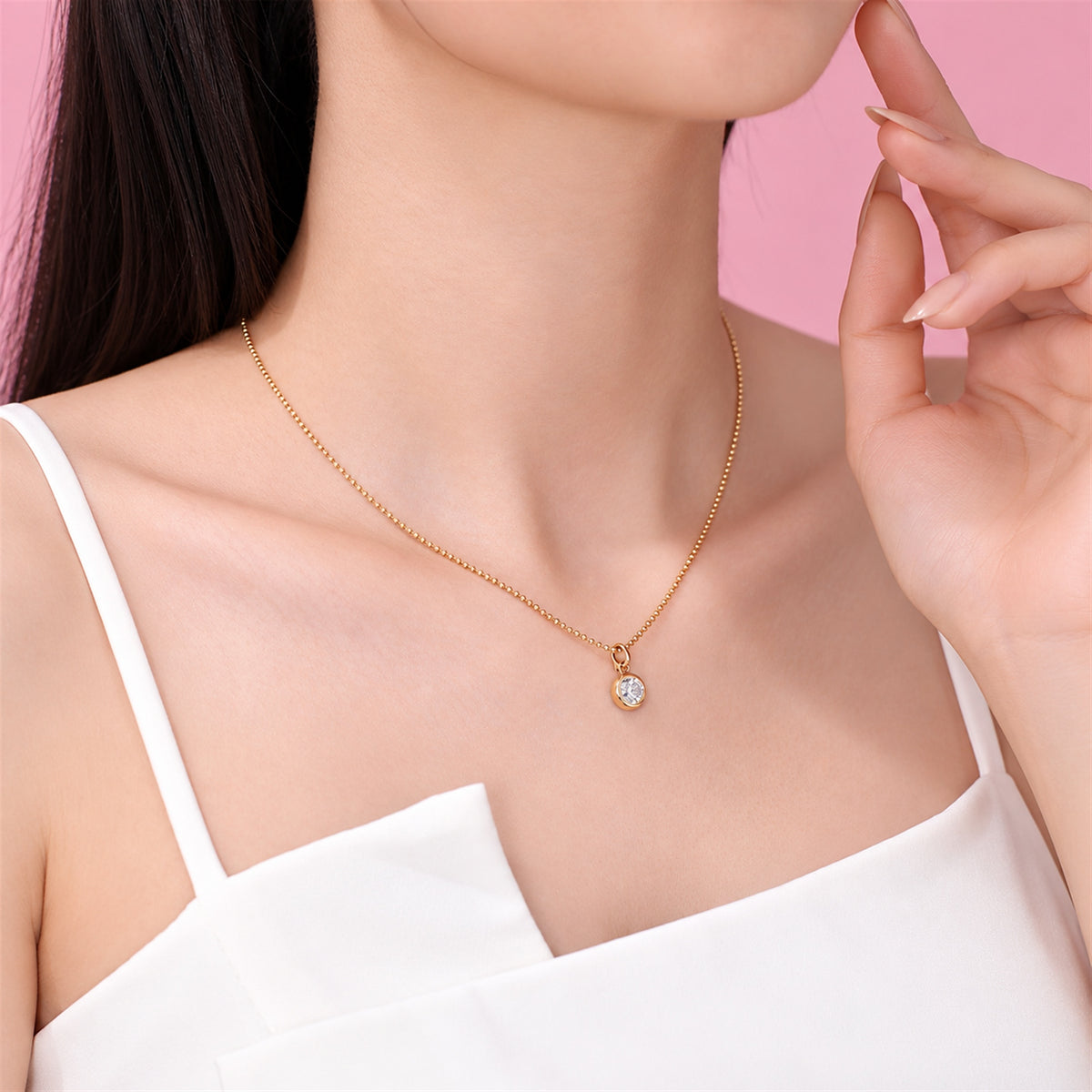 DANFÉE round bezel lab-grown diamond necklace in 18K yellow gold worn at the collarbone