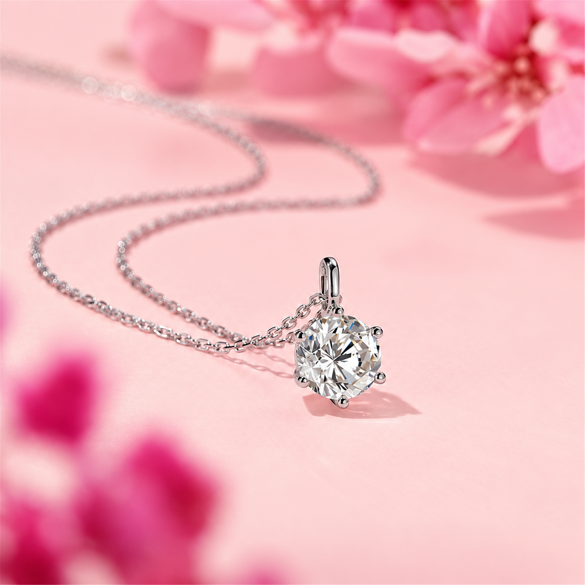Six-prong lab-grown diamond pendant necklace close-up